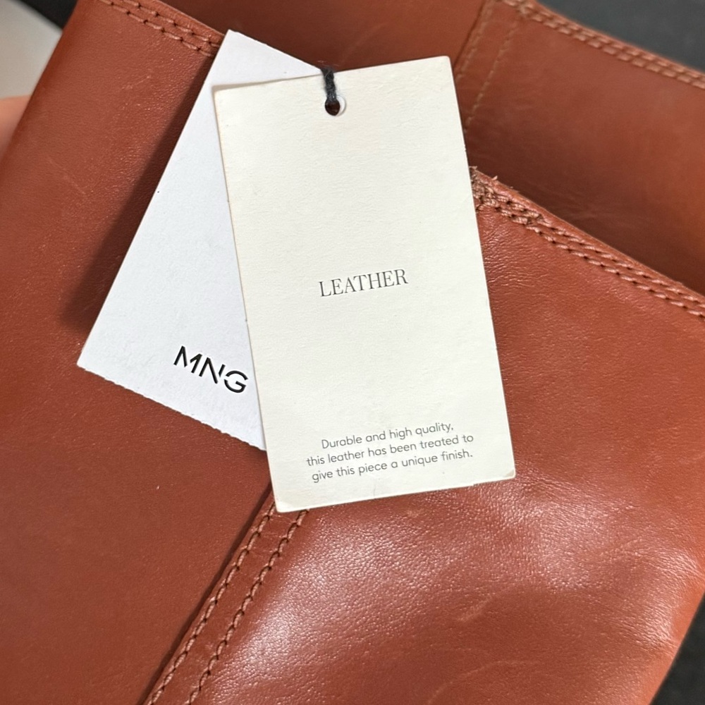 $219 New Mango MNG Cognac Leather Ankle Boots with Block Heel Euro 36 US 6 - Picture 7 of 11